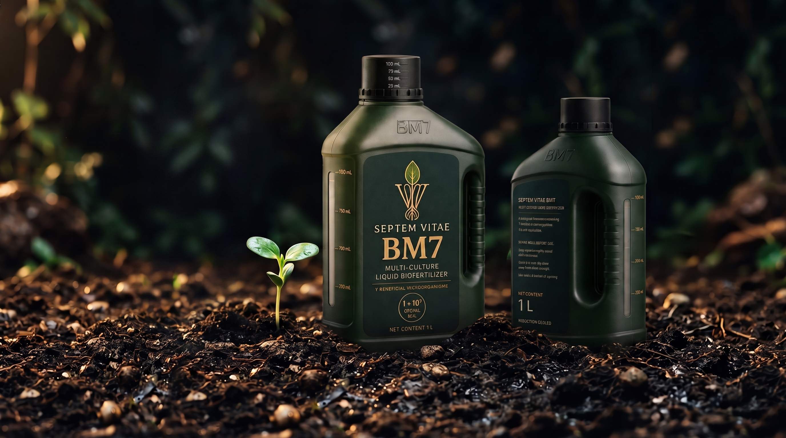 Two Septem Vitae BM7 one-litre multi-culture liquid biofertilizer bottles standing on dark soil beside a young seedling